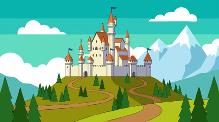 Vector Illustration of a Magical Fairytale Castle in a Mountain Landscape © Tahphoto