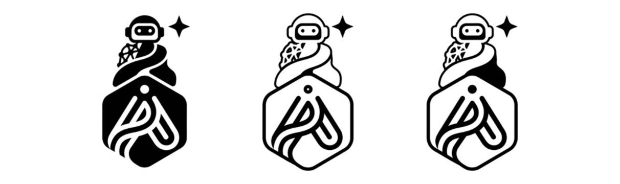 Ai integration logo concepts robot head overlapped with abstract humanoid form in hexagonal frame