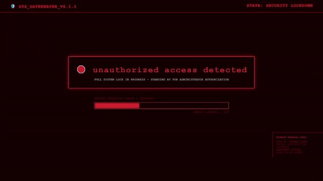 Sys Gatekeeper Secure Shield Terminal Displaying Unauthorized Access Detected Red Warning Banner And System Security Lockdown Progress Red HUD Screen.