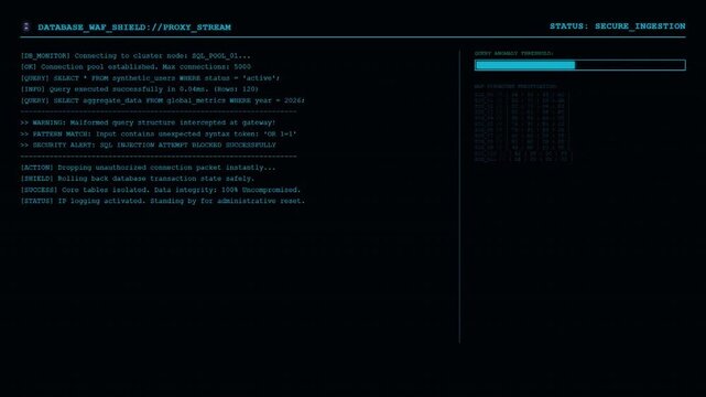 Database WAF Shield Proxy Stream Interface Screen Displaying SQL Injection Attack Detected Warning Alert and Malformed Query Blocked Threat Mitigation Red HUD Software.