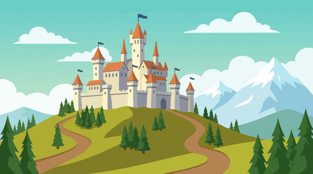 Fairytale Castle on a Hill with Mountains, Forest, and Winding Path