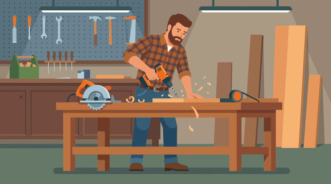 Man using power tools for woodworking project