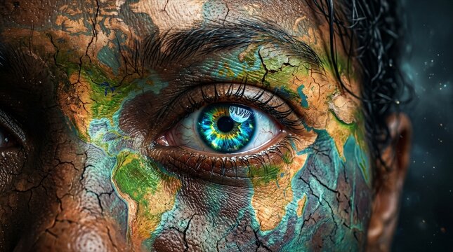 Close-up of a human eye with a cracked earth map painted on the skin and a vibrant, glowing iris - ideal for environmental awareness campaigns, global issues editorials, and conceptual artistic projec