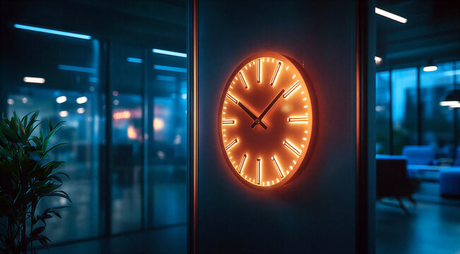Modern glowing illuminated wall clock in a contemporary office space with glass partitions and indoor plants