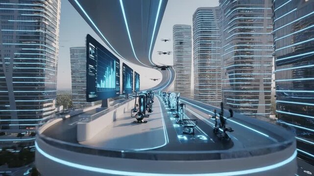 Futuristic city highway with autonomous vehicles and drones, bright neon lights, modern skyscrapers, representing advanced transportation and technology