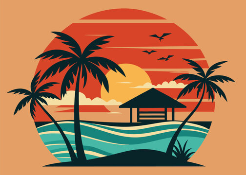 Tropical beach hut at sunset with palm trees flat design tropical bungalow