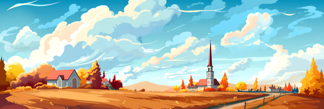 Panoramic autumn countryside landscape with quaint village church and colorful trees under blue sky