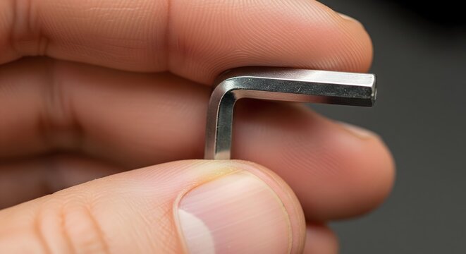 Close-up of a person holding a small metal hex key for furniture assembly
