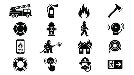 Fototapeta premium Set of black firefighting icons featuring emergency tools and safety equipment for professional rescue service usage