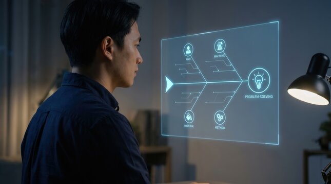 Root Cause Analysis and Quality Management Concept: Person Viewing Holographic Fishbone Ishikawa Diagram with Process Nodes