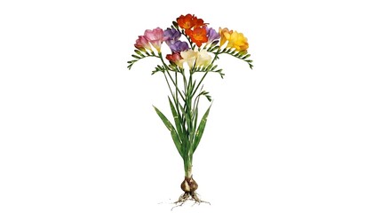 Obraz premium Vibrant freesia flowers in multiple colors with bulb and roots