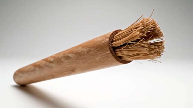Rustic wooden brush, natural fibers, isolated on gray background, studio shot