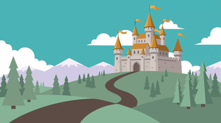 Fairytale castle on a hill with a winding path, mountains, and pine trees © Tahphoto