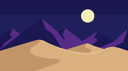 Obraz premium Minimalist desert night landscape with sand dunes, purple mountains, and full moon