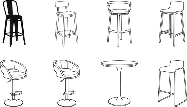 Hand Drawn Bar Stool and High Bistro Table Icon Set with Vintage Industrial, Modern Swivel Chairs, and Counter Seat Sketches