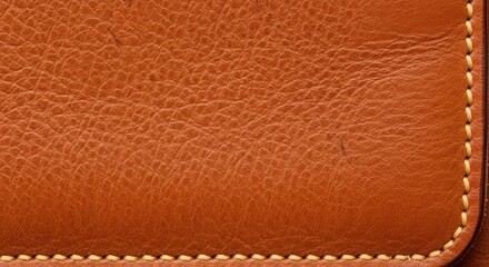 Fototapeta premium Brown pebbled leather texture featuring cream perimeter stitching in a macro sharp focus shot for luxury fashion and upholstery branding
