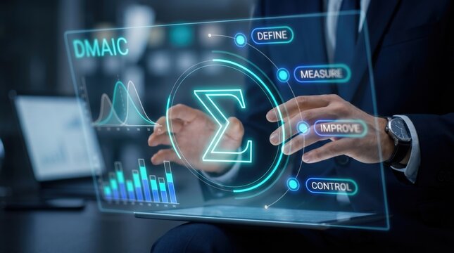 Six Sigma Quality Management and Process Improvement Concept: Businessman with Holographic DMAIC Dashboard, Sigma Symbol, and Normal Distribution Bell Curves
