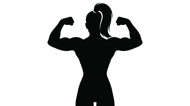 Strong athletic woman flexing her powerful arm muscles in a bold and minimalist vector silhouette illustration