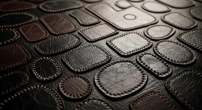 Assorted leather patches and shapes on dark surface for design and craft