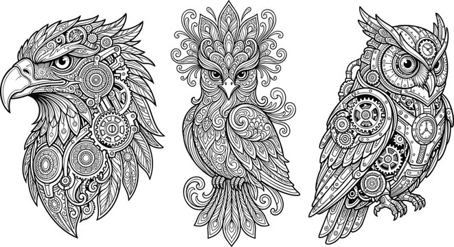 Intricate Steampunk Bird Vector Illustration Set featuring Mechanical Eagle, Ornate Tribal Owl, and Cyborg Raven with Gears and Feathers for Coloring Book Pages