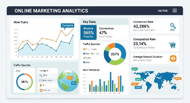 Digital marketing analytics dashboard with graphs charts and data visualization