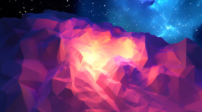 Vibrant geometric lowpoly digital art with glowing light effects resembling cosmic nebula explosion scene