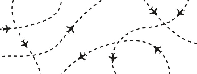 Minimal airplane route pattern with dashed flight paths and travel navigation line elements. Creative aviation background for tourism branding, transport graphics and modern map design projects. © Parul