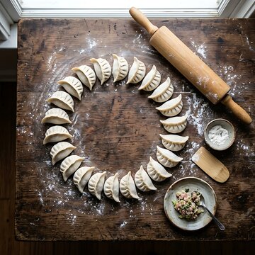 Raw Dumplings Arranged on Wooden Table with Rolling Pin and Filling