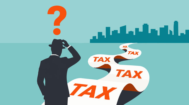 Confused businessman faces a winding path of taxes with a question mark above