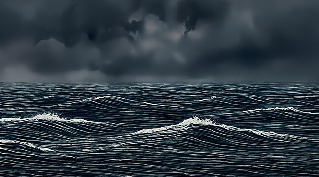A dramatic and stormy sea with dark clouds overhead, creating a sense of foreboding and power
