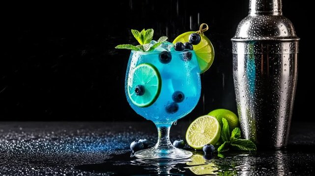 Vivid blue cocktail in a stemmed glass, lime wheel, mint sprig, googly eyes, glossy surface On desk