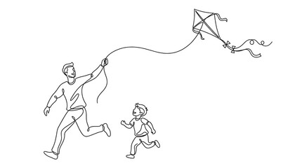 Obraz premium Father son running, flying kite, happy family, outdoor fun, childhood memories