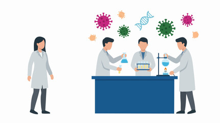 Fototapeta premium Scientists in laboratory conducting research on viruses and DNA illustration