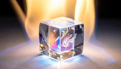 Obraz premium Crystal Ice Cube with Colorful Swirls against Fiery Background