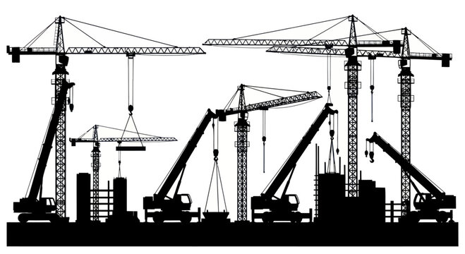 Construction Site Silhouette with Multiple Tower Cranes and Buildings