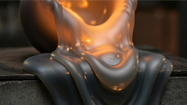 Close up of hot molten metal pouring and glowing in slow motion
