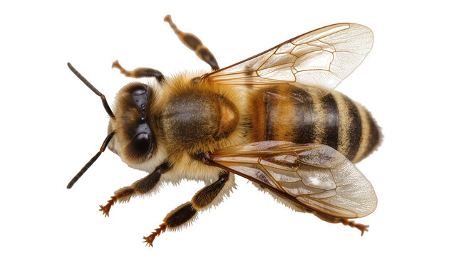 Detailed honey bee with striped abdomen and transparent wings, isolated on transparent background