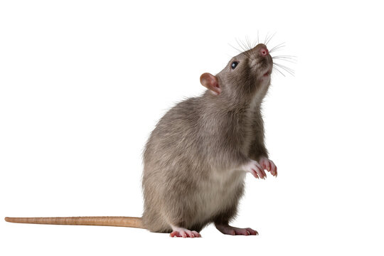 Brown rat standing on hind legs looking up, isolated on transparent background
