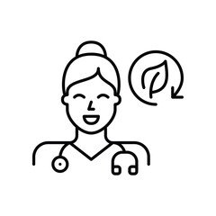 Naklejka premium Female doctor wearing stethoscope, leaf and renew arrow. Sustainable medication, healthcare and appointments. Pixel perfect, editable stroke vector icon