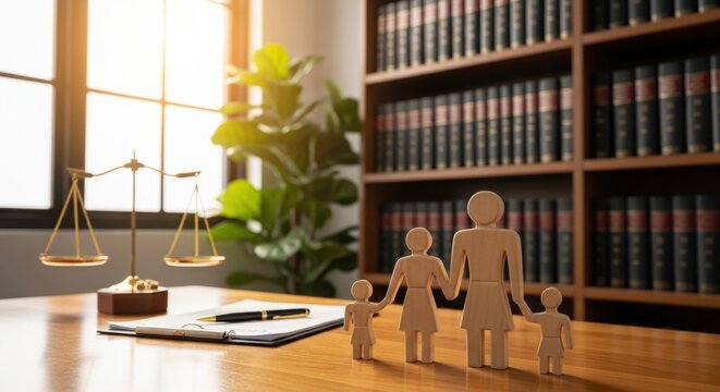 Family Law Concept with Wooden Figures and Scales of Justice on a Desk in a Law Office