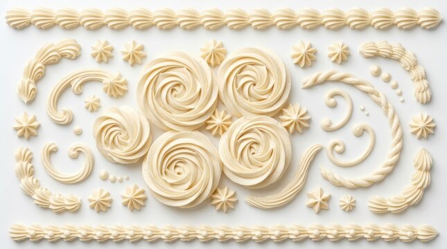 Vanilla buttercream frosting swirls and decorative cake borders, white cream piping patterns, elegant whipped icing rosettes for bakery design