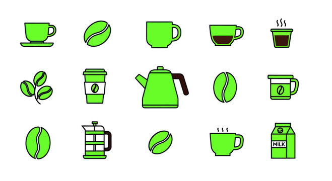 Green Coffee Icons Set: Cup, Bean, Pot, French Press, Milk Carton