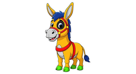 Cute cartoon donkey with blue mane and red bridle on white background © Isun