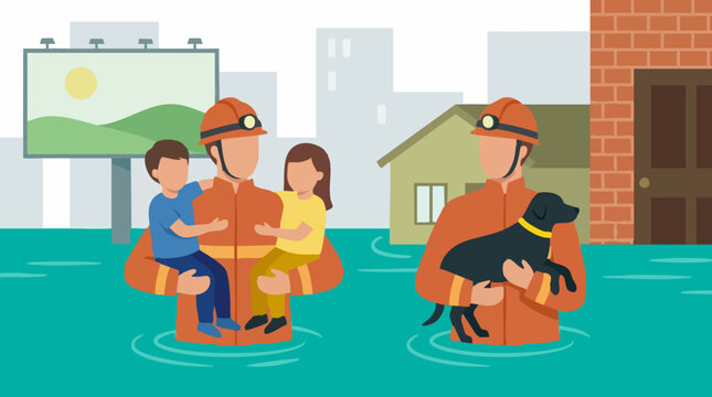 Firefighters rescuing children and a dog from floodwaters