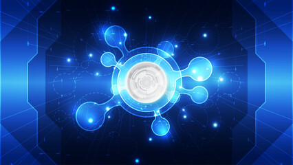 Fototapeta premium Futuristic Biotech Innovation Core: Glowing Blue Molecular Node Interface on Digital Circuit Background