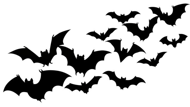 Flock of black bats flying in formation, isolated on transparent background