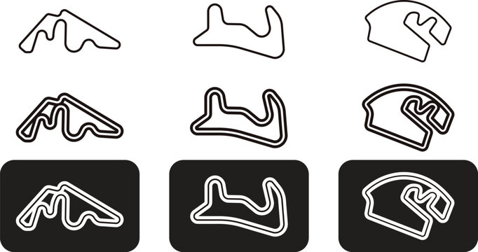 Abstract racing track outline collection with minimal monochrome circuit maps and modern motorsport route designs. Creative speedway icons for automotive branding, esports graphics and dynamic sports 