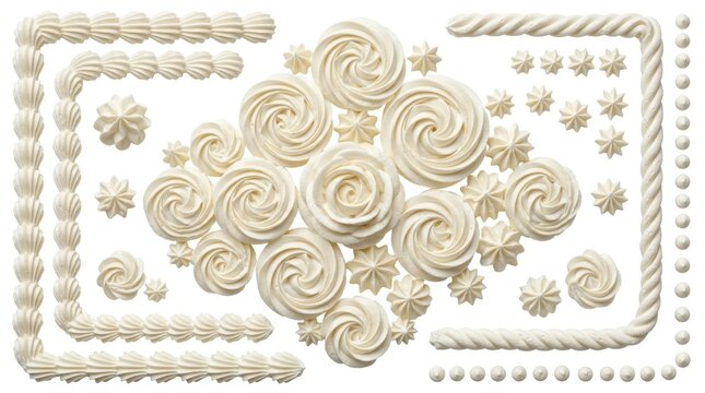White buttercream frosting swirls and piping borders, decorative cake icing elements on white background, sweet whipped cream rosettes and borders