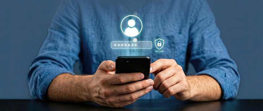 Secure user authentication process digital environment mobile device interaction tech-savvy context close-up viewpoint privacy concept for enhanced digital security