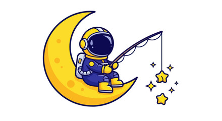 Astronaut fishing stars on moon, cartoon style illustration © jami